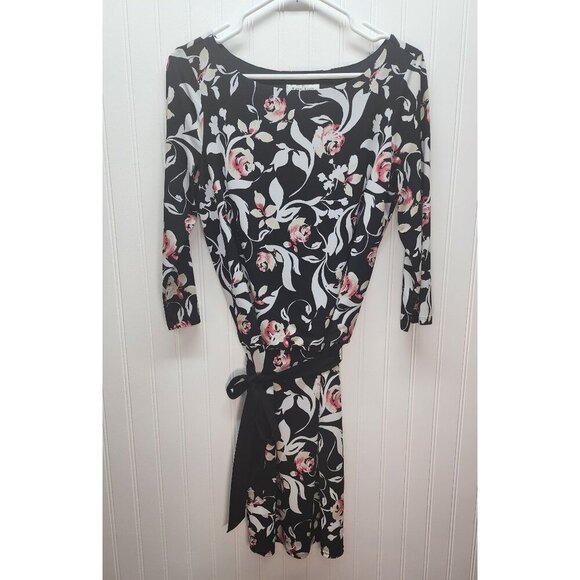 White House Black Market Floral Print Black & Pink 3/4 Sleeve Dress With Waist T - Picture 4 of 9
